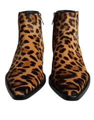Women's Brown Leopard Calf Fur Ankle Boots Shoes Black And Lamb Leather