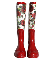 Women's Red Floral Rubber Knee High Flat Boots Shoes