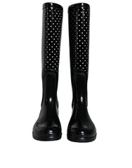Women's Black Polka Dot Rubber Knee High Boots Shoes