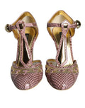 Women's Pink Gold Leather Pumps T-Strap Sandals Shoes And