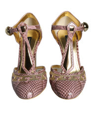 Women's Pink Gold Leather Pumps T-Strap Sandals Shoes And