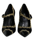Women's Black Mary Janes Velvet Gold Pumps Shoes