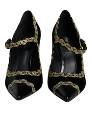 Women's Black Mary Janes Velvet Gold Pumps Shoes
