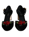 Women's Black Velvet Roses Ankle Strap Pumps Shoes Viscose Silk