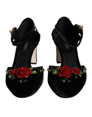 Women's Black Velvet Roses Ankle Strap Pumps Shoes Viscose Silk