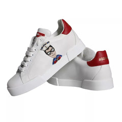 Women's White Patch Calfskin Nappa Portofino Sneakers Shoes And Red Calf Leather