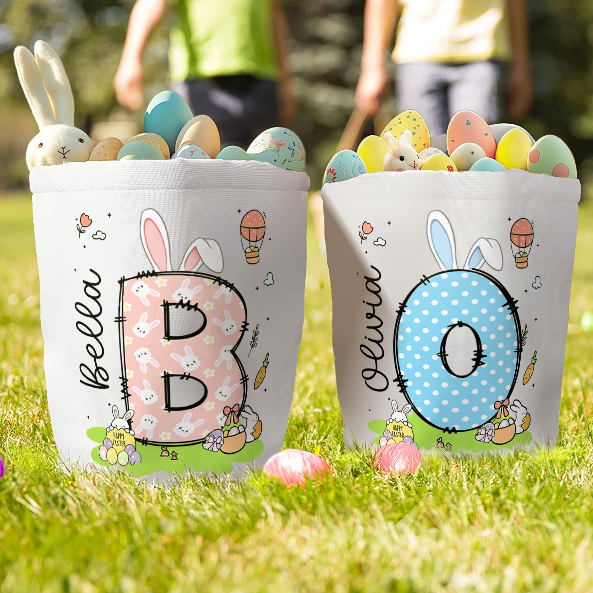 Orejas de conejo personalizadas Inicial Globo de aire caliente Cesta de Pascua de lona con nombre Huevos de caza Fiesta de Pascua Regalo para niños