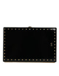 Women's Black Leather Studs Gold Frame Clutch Evening Purse Bag