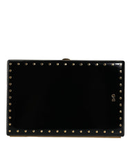 Women's Black Leather Studs Gold Frame Clutch Evening Purse Bag