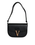 Women's Black Grainy Calf Leather Logo Crossbody Shoulder Bag