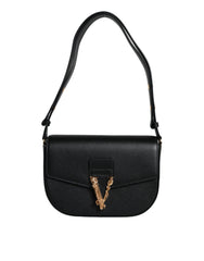 Women's Black Grainy Calf Leather Logo Crossbody Shoulder Bag