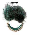 Women's Green Gold Crystal Fur Headset Audio Aux Headphones Brass Accessory