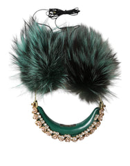 Women's Green Gold Crystal Fur Headset Audio Aux Headphones Brass Accessory