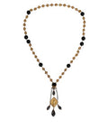 Women's Gold Chain Brass Black Beaded Rosary Style Necklace