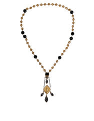 Women's Gold Chain Brass Black Beaded Rosary Style Necklace