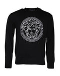 Men's Medusa Embroidery Crew Neck Sweater Black Cotton