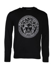 Men's Medusa Embroidery Crew Neck Sweater Black Cotton