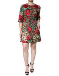 Women's Brown Leopard Red Roses Cotton A-Line Dress Silk Viscose