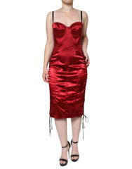 Women's Red Bustier Corset Lace Bodycon Midi Dress Acetate Nylon Elastane
