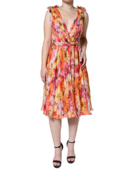 Women's Multicolor Floral Sleeveless V-Neck Midi Dress Silk