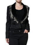 Women's Black Jacquard Crystal Floral Jacket Blazer Clothing