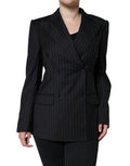 Women's Black Striped Double Breasted Coat Jacket Virgin Wool Clothing