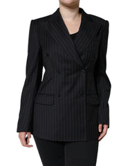 Women's Black Striped Double Breasted Coat Jacket Virgin Wool Clothing