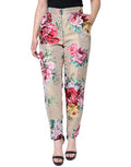 Women's Beige Floral Jacquard High Waist Tapered Pants Polyester Silk