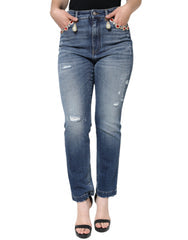 Women's Dark Blue Cotton Tattered Skinny Denim Jeans Elastane Clothing