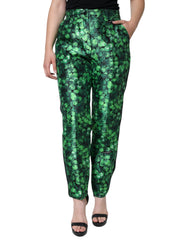 Women's Green Clover Silk Satin High Waist Tapered Pants Polyester