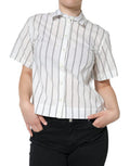 Women's White Striped Collared Short Sleeve Polo Top Cotton
