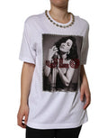 Women's White Crystal Neckline Embellished Printed T-Shirt Cotton