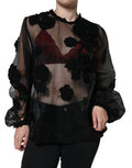 Women's Black Nylon Mesh Transparent Floral Blouse Polyester