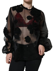 Women's Black Nylon Mesh Transparent Floral Blouse Polyester