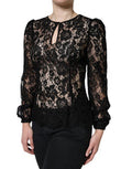 Women's Black Floral Lace See Through Long Sleeve Top Viscose Nylon