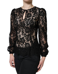 Women's Black Floral Lace See Through Long Sleeve Top Viscose Nylon