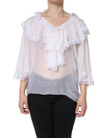 Women's White Ruffles Lace Long Sleeve Blouse Top Silk Nylon Viscose