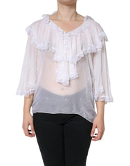 Women's White Ruffles Lace Long Sleeve Blouse Top Silk Nylon Viscose