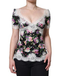Women's Black Floral Lace Short Sleeves Blouse Top Silk Cotton Nylon Elastane