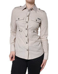 Women's Beige Cotton Collared Button Down Shirt Top