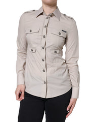 Women's Beige Cotton Collared Button Down Shirt Top