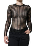 Women's Black Stripe See Through Long Sleeves Top Viscose Polyester Film Fiber