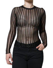 Women's Black Stripe See Through Long Sleeves Top Viscose Polyester Film Fiber