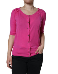 Women's Pink Wool Button Down Short Sleeve Blouse Top Virgin