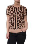 Women's Beige Leopard Print Wool Turtleneck Top Virgin