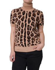 Women's Beige Leopard Print Wool Turtleneck Top Virgin