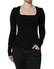 Women's Black Long Sleeves Blouse Square Neck Top