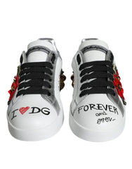 Women's White Leather Floral Studded Sneakers Shoes