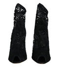 Women's Black Lace Stretch Heels Mid Calf Boot Shoes Nylon Elastane Viscose