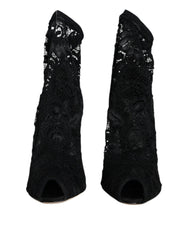 Women's Black Lace Stretch Heels Mid Calf Boot Shoes Nylon Elastane Viscose